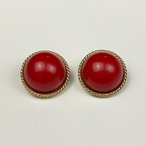 Hattie Carnegie Red And Goldtone Clip On Round Earrings VTG GUC